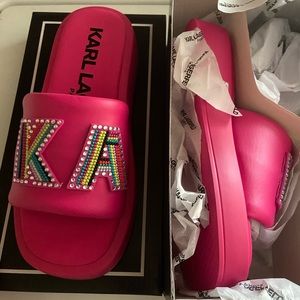 Karl Lagerfield Paris Opal Leather Puff Band Beaded Logo Platform Slides